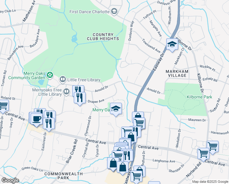map of restaurants, bars, coffee shops, grocery stores, and more near 3505 Draper Avenue in Charlotte