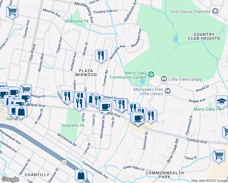 map of restaurants, bars, coffee shops, grocery stores, and more near 1716 Dearmon Drive in Charlotte