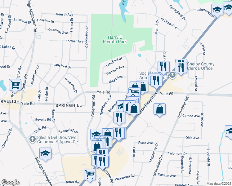 map of restaurants, bars, coffee shops, grocery stores, and more near 4467 Yale Road in Memphis