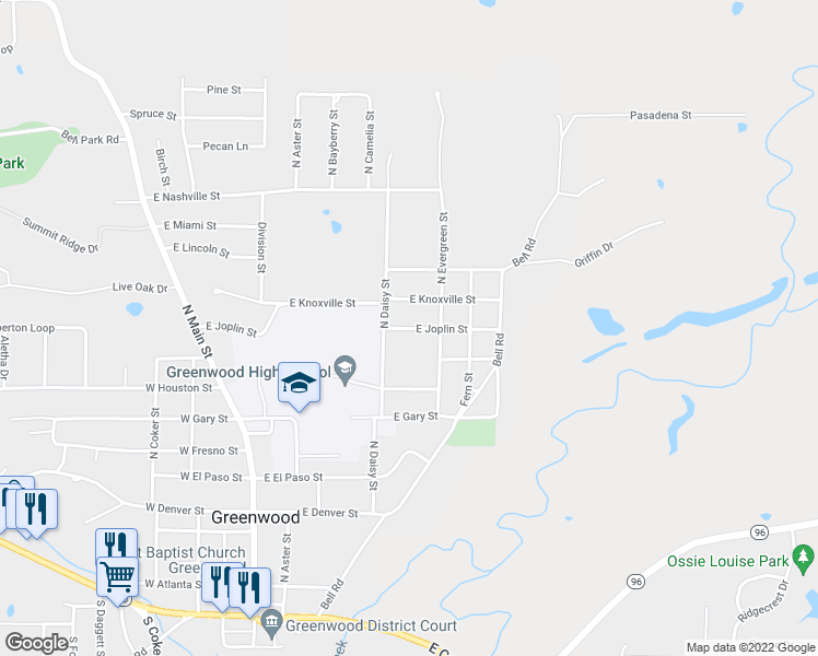 map of restaurants, bars, coffee shops, grocery stores, and more near 632 East Joplin Street in Greenwood
