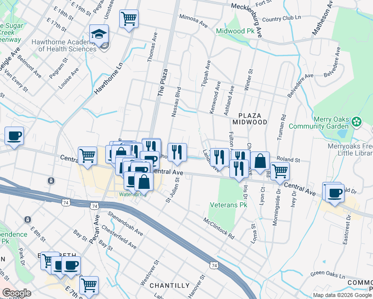 map of restaurants, bars, coffee shops, grocery stores, and more near 1921 Hamorton Place in Charlotte