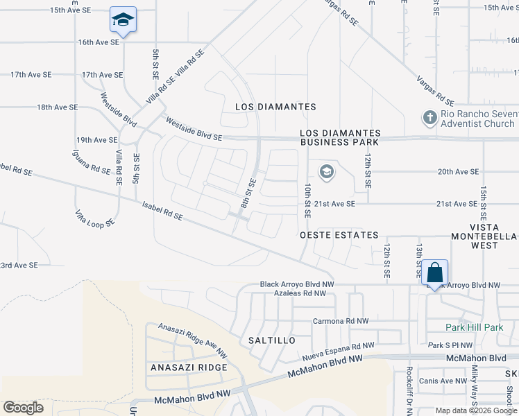map of restaurants, bars, coffee shops, grocery stores, and more near 2128 8th Street Southeast in Rio Rancho