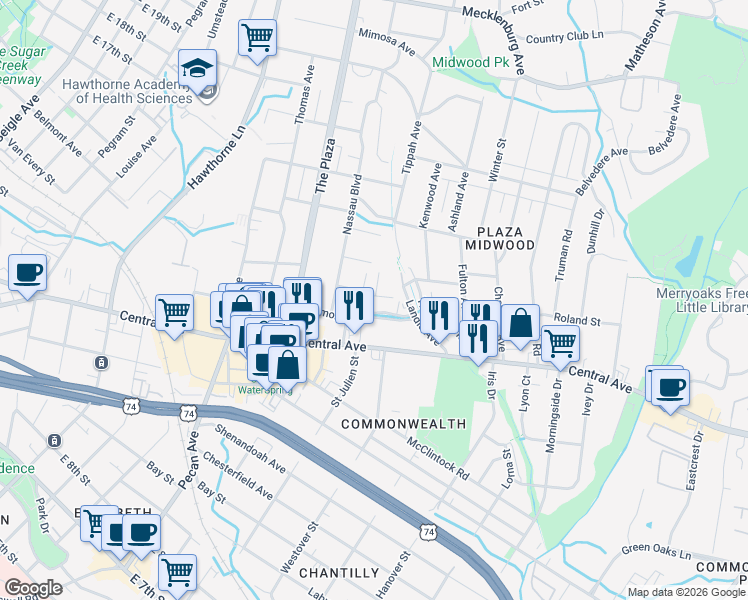 map of restaurants, bars, coffee shops, grocery stores, and more near in Charlotte