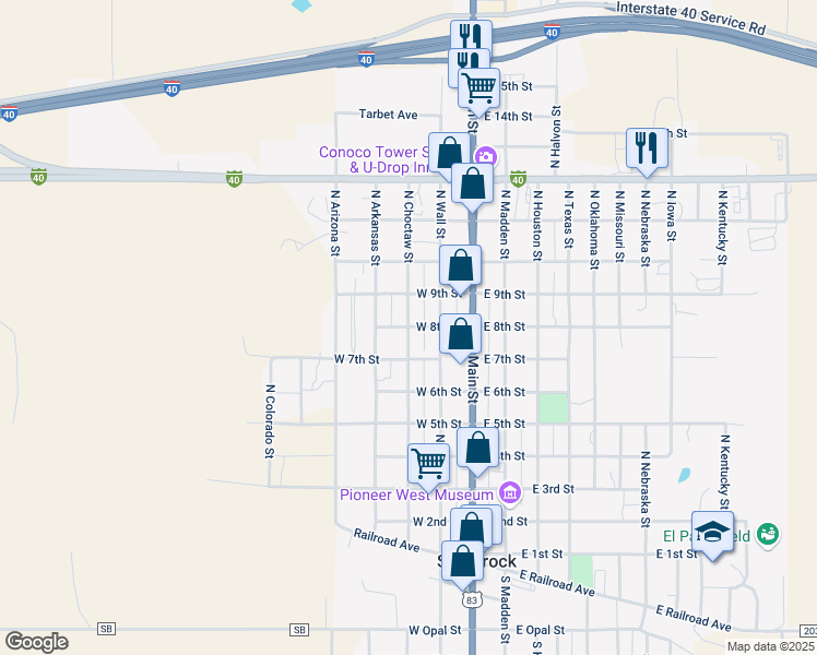map of restaurants, bars, coffee shops, grocery stores, and more near 208 West 8th Street in Shamrock