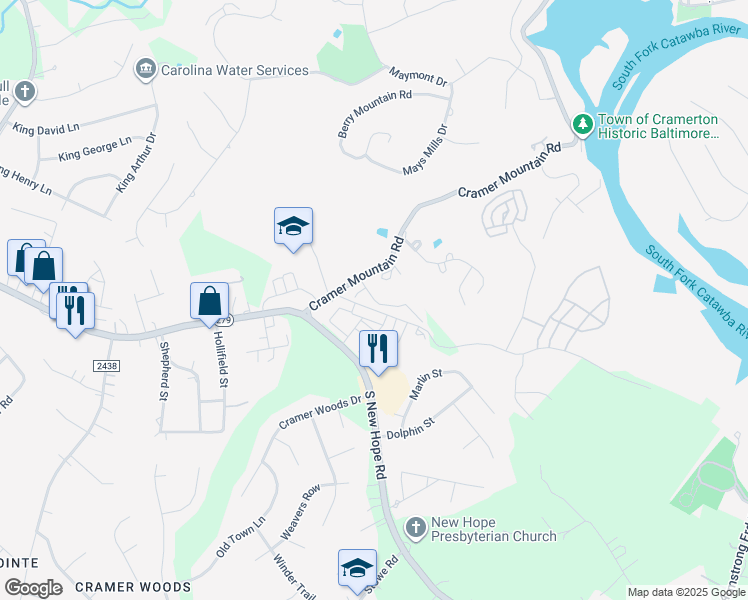 map of restaurants, bars, coffee shops, grocery stores, and more near 1161 Stuarts Landing Drive in Cramerton
