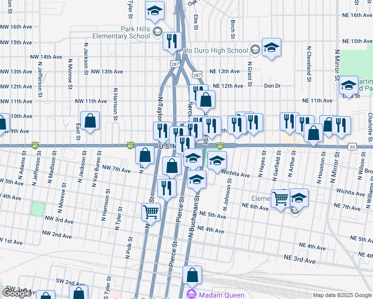 map of restaurants, bars, coffee shops, grocery stores, and more near 316 East Amarillo Boulevard in Amarillo