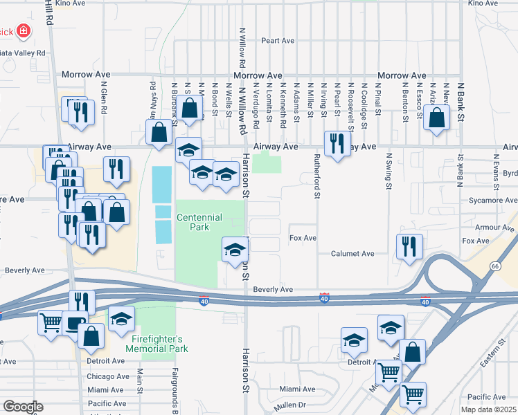 map of restaurants, bars, coffee shops, grocery stores, and more near 3350 Harrison Street in Kingman