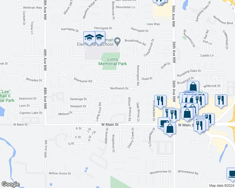 map of restaurants, bars, coffee shops, grocery stores, and more near 4103 Potomac Drive in Norman