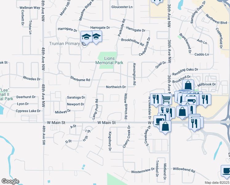 map of restaurants, bars, coffee shops, grocery stores, and more near 4017 Potomac Drive in Norman