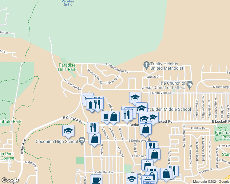 map of restaurants, bars, coffee shops, grocery stores, and more near 1605 East Linda Vista Drive in Flagstaff