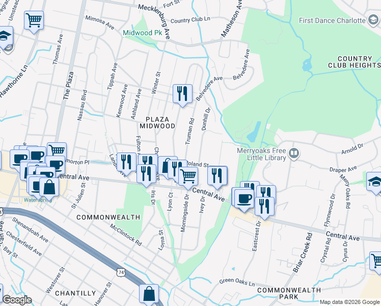 map of restaurants, bars, coffee shops, grocery stores, and more near 1708 Truman Road in Charlotte