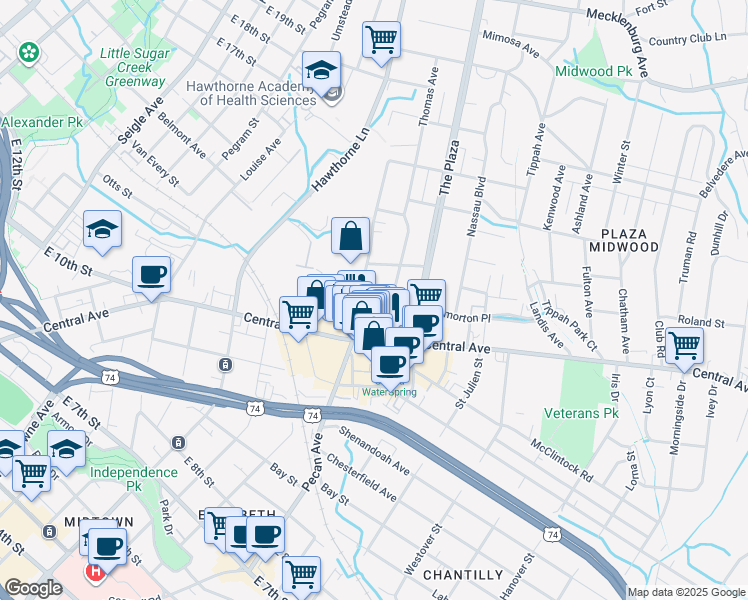 map of restaurants, bars, coffee shops, grocery stores, and more near in Charlotte