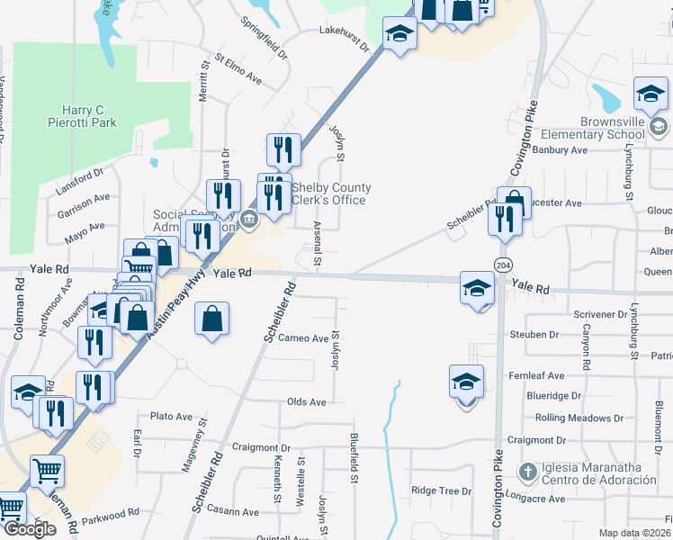 map of restaurants, bars, coffee shops, grocery stores, and more near 4821 Yale Road in Memphis