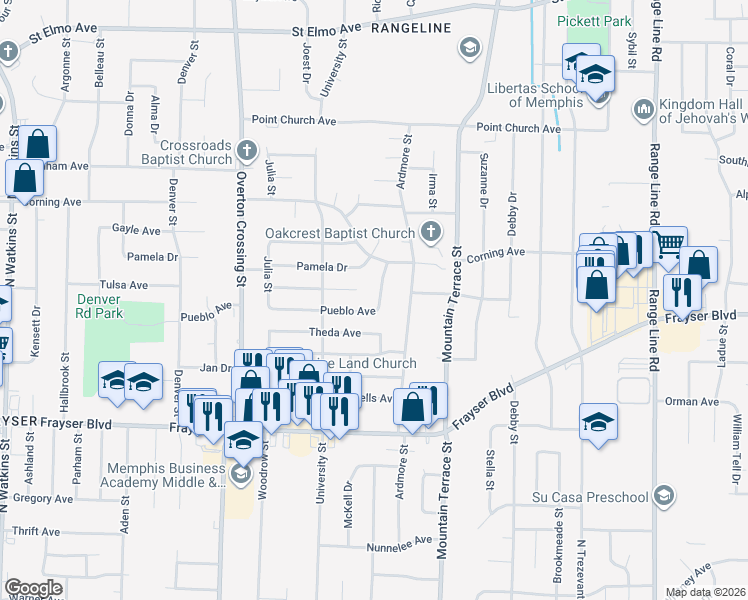 map of restaurants, bars, coffee shops, grocery stores, and more near 2268 Pueblo Avenue in Memphis