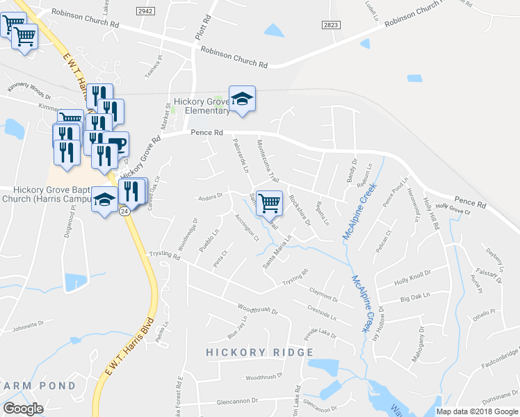 map of restaurants, bars, coffee shops, grocery stores, and more near 6598 Palo Alto Lane in Charlotte