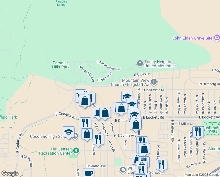 map of restaurants, bars, coffee shops, grocery stores, and more near 1605 East Linda Vista Drive in Flagstaff