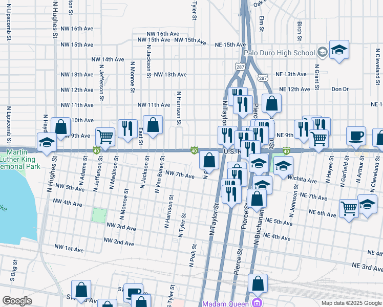 map of restaurants, bars, coffee shops, grocery stores, and more near 207 West Amarillo Boulevard in Amarillo