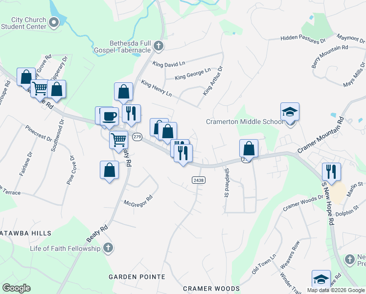 map of restaurants, bars, coffee shops, grocery stores, and more near 3809 South New Hope Road in Gastonia