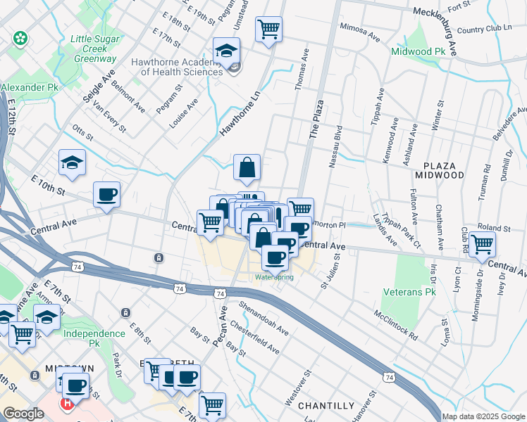 map of restaurants, bars, coffee shops, grocery stores, and more near 1514 Hamorton Place in Charlotte