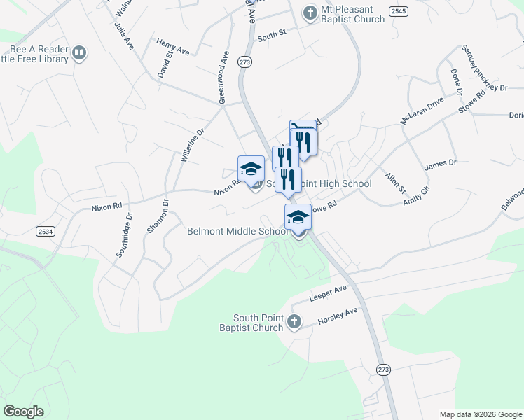 map of restaurants, bars, coffee shops, grocery stores, and more near 2032 Middleton Farm Drive in Belmont