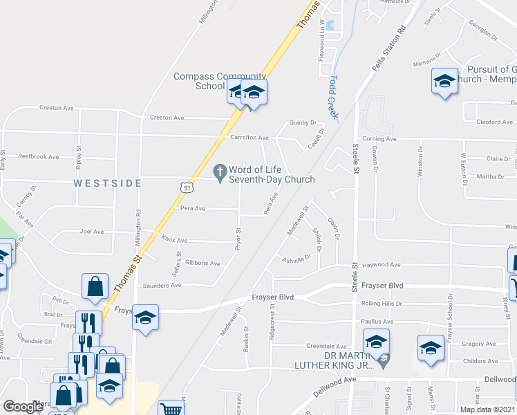 map of restaurants, bars, coffee shops, grocery stores, and more near 1286 Pera Avenue in Memphis