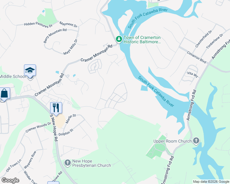 map of restaurants, bars, coffee shops, grocery stores, and more near in Cramerton