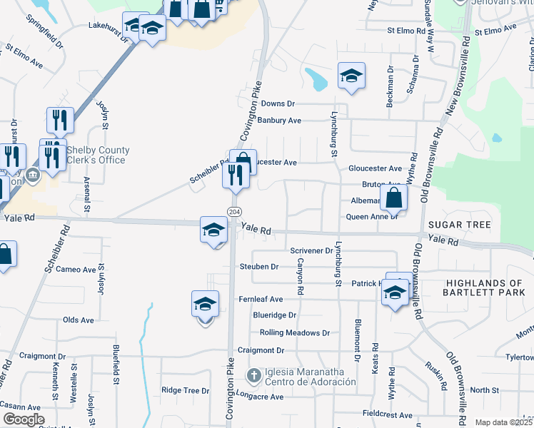 map of restaurants, bars, coffee shops, grocery stores, and more near 5120 Yale Road in Memphis