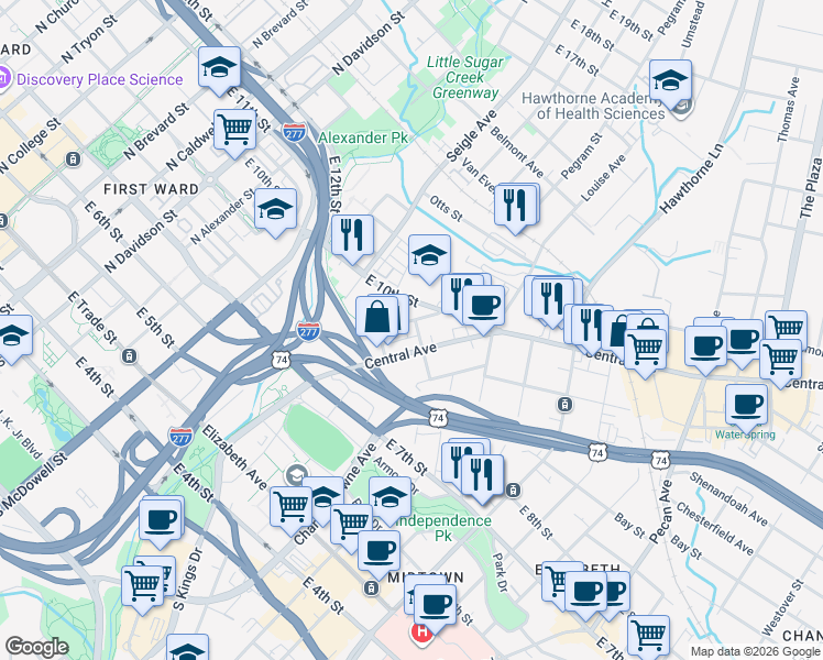 map of restaurants, bars, coffee shops, grocery stores, and more near 801 Central Avenue in Charlotte