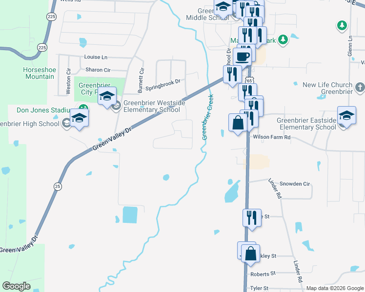 map of restaurants, bars, coffee shops, grocery stores, and more near 116 Donna Kay Drive in Greenbrier