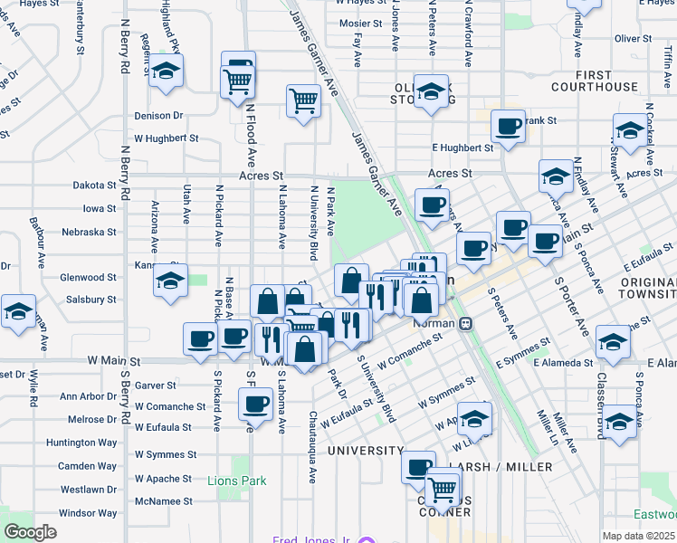 map of restaurants, bars, coffee shops, grocery stores, and more near 318 West Daws Street in Norman