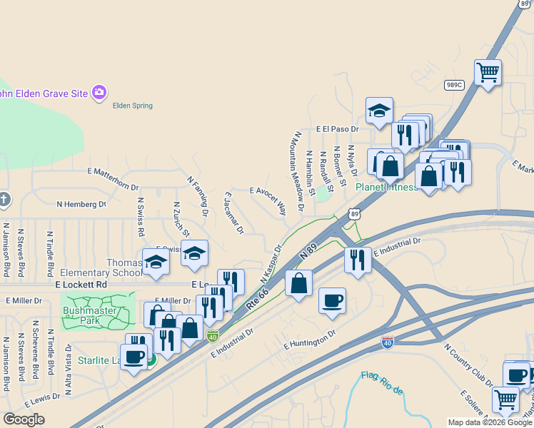 map of restaurants, bars, coffee shops, grocery stores, and more near 4016 North Pipit Place in Flagstaff