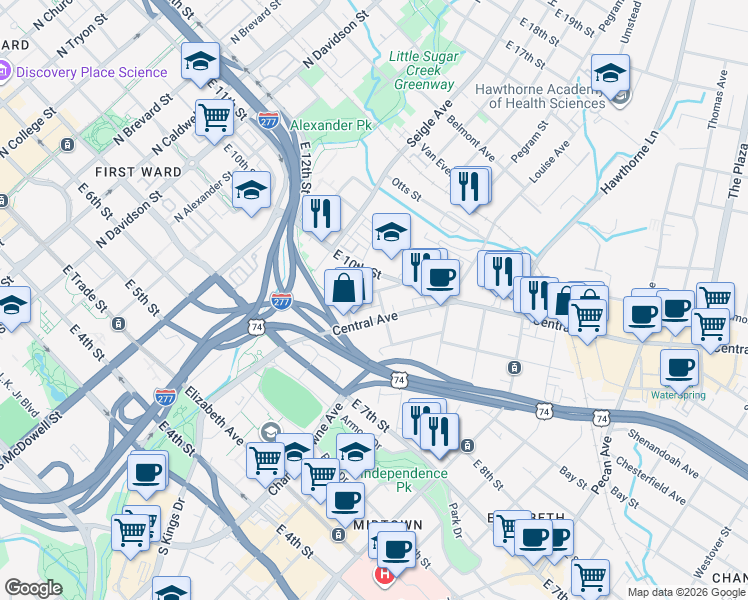 map of restaurants, bars, coffee shops, grocery stores, and more near in Charlotte