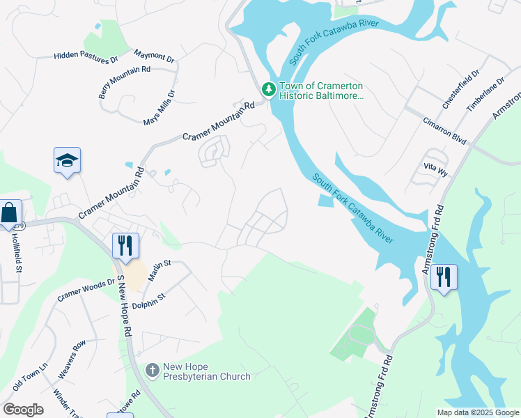 map of restaurants, bars, coffee shops, grocery stores, and more near 205 Meyers Ridge Road in Cramerton