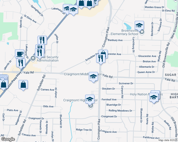 map of restaurants, bars, coffee shops, grocery stores, and more near 5000 Yale Road in Memphis