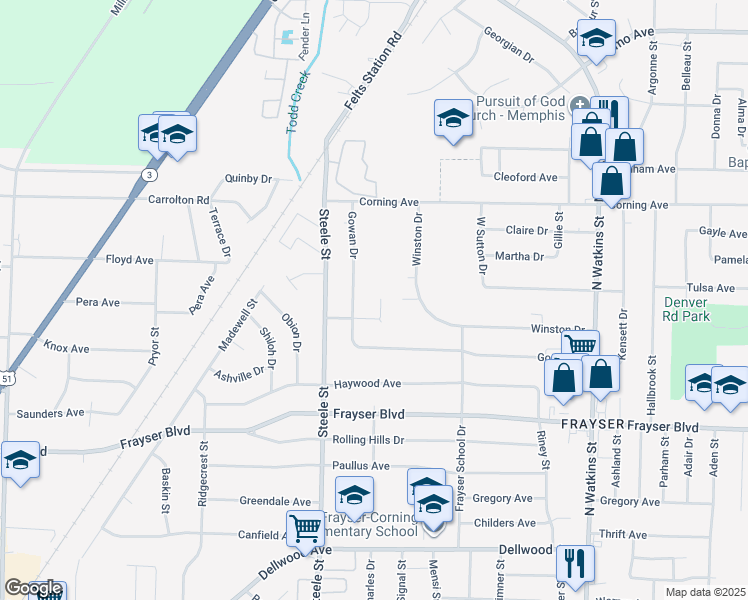 map of restaurants, bars, coffee shops, grocery stores, and more near 3506 Gowan Drive in Memphis