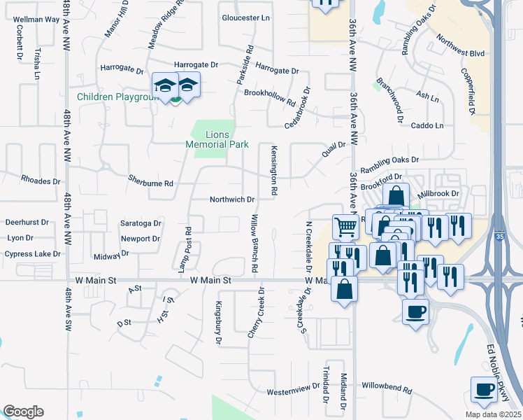 map of restaurants, bars, coffee shops, grocery stores, and more near 305 Willow Branch Road in Norman