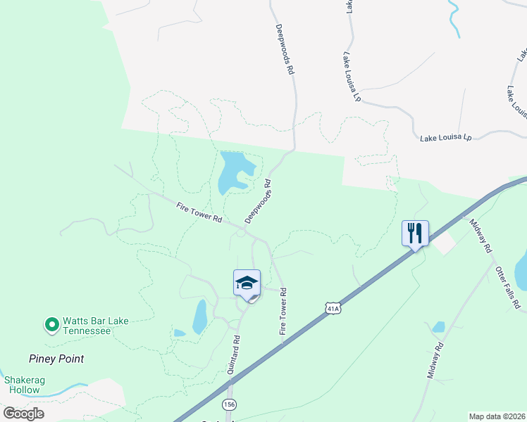 map of restaurants, bars, coffee shops, grocery stores, and more near 414 Fire Tower Road in Sewanee
