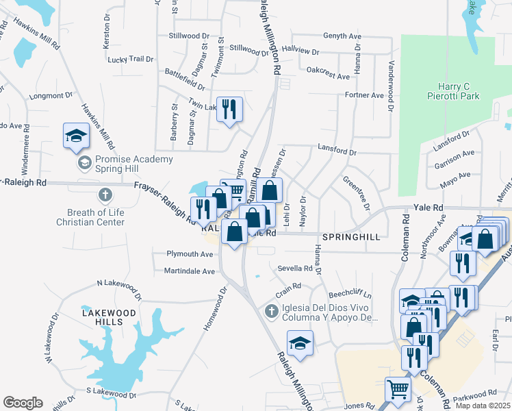 map of restaurants, bars, coffee shops, grocery stores, and more near 3530 Ramill Road in Memphis