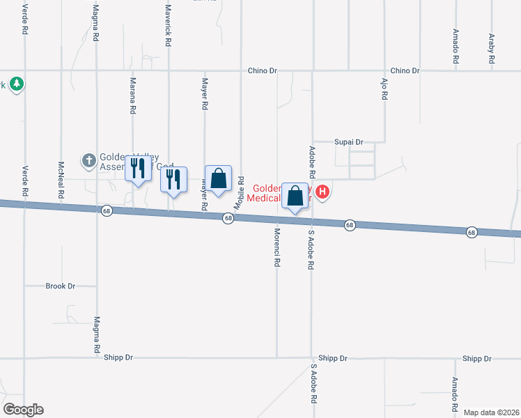 map of restaurants, bars, coffee shops, grocery stores, and more near 5101 Arizona 68 in Golden Valley