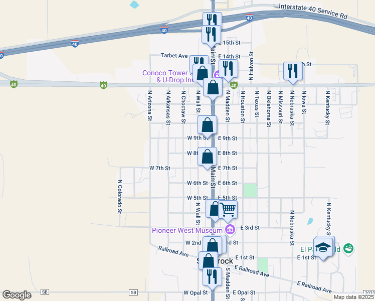 map of restaurants, bars, coffee shops, grocery stores, and more near 200-208 West 8th Street in Shamrock