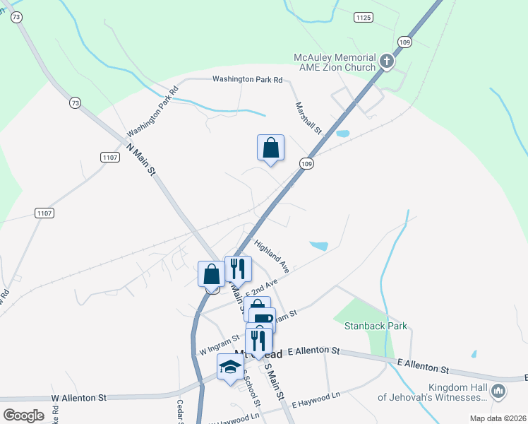 map of restaurants, bars, coffee shops, grocery stores, and more near 205 Julius Chambers Avenue in Mount Gilead
