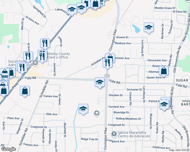 map of restaurants, bars, coffee shops, grocery stores, and more near 5022 Yale Road in Memphis