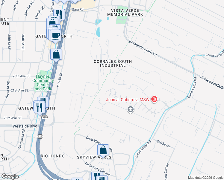 map of restaurants, bars, coffee shops, grocery stores, and more near 1 Laguna Trail North in Corrales