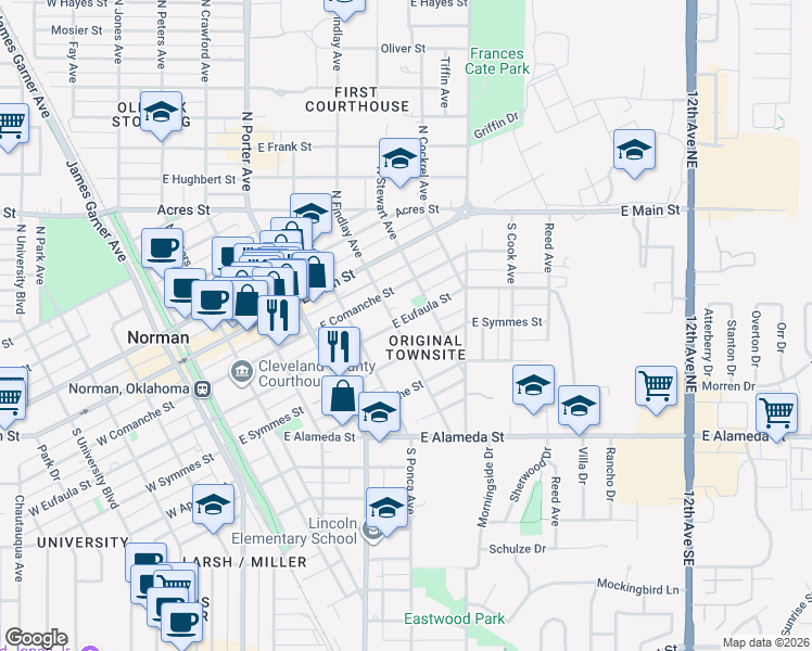 map of restaurants, bars, coffee shops, grocery stores, and more near 520 East Eufaula Street in Norman