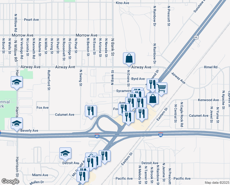 map of restaurants, bars, coffee shops, grocery stores, and more near 3392 North Bank Street in Kingman
