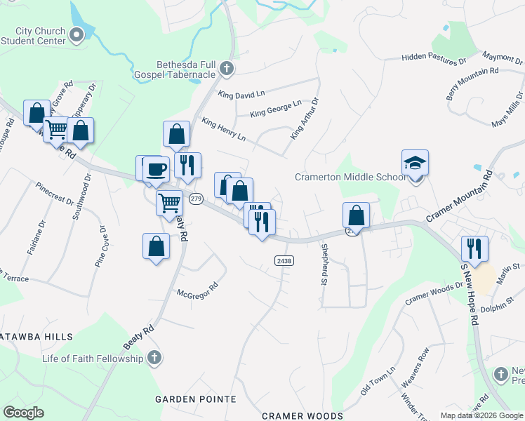 map of restaurants, bars, coffee shops, grocery stores, and more near 3809 South New Hope Road in Gastonia