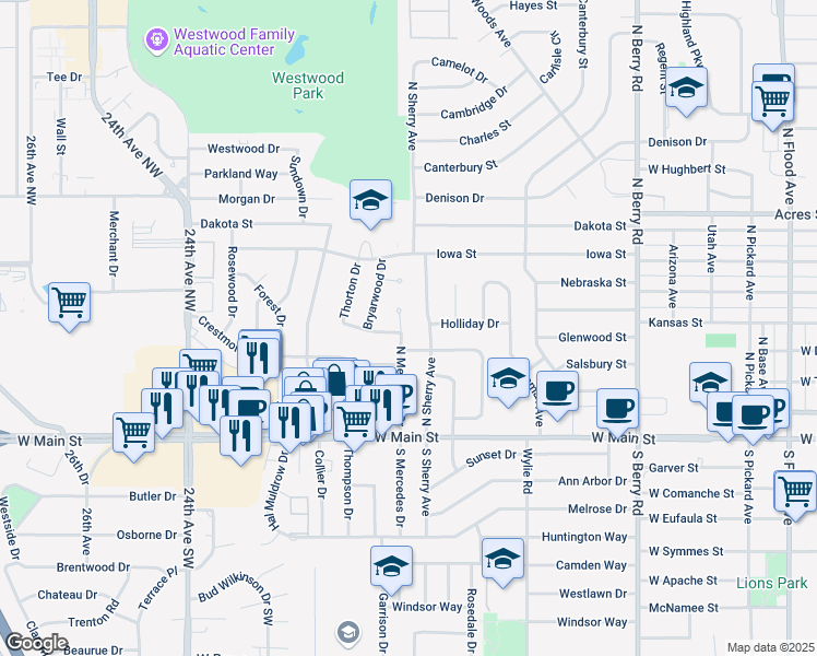 map of restaurants, bars, coffee shops, grocery stores, and more near 1802 Thorton Street in Norman