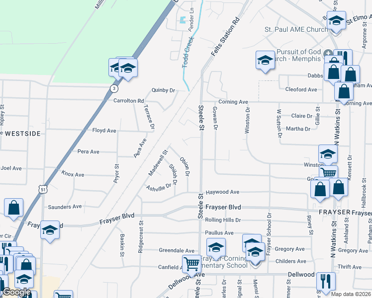 map of restaurants, bars, coffee shops, grocery stores, and more near 3510 Obion Drive in Memphis