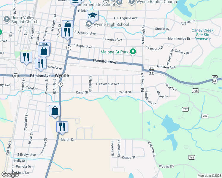 map of restaurants, bars, coffee shops, grocery stores, and more near 1203 Canal Street in Wynne