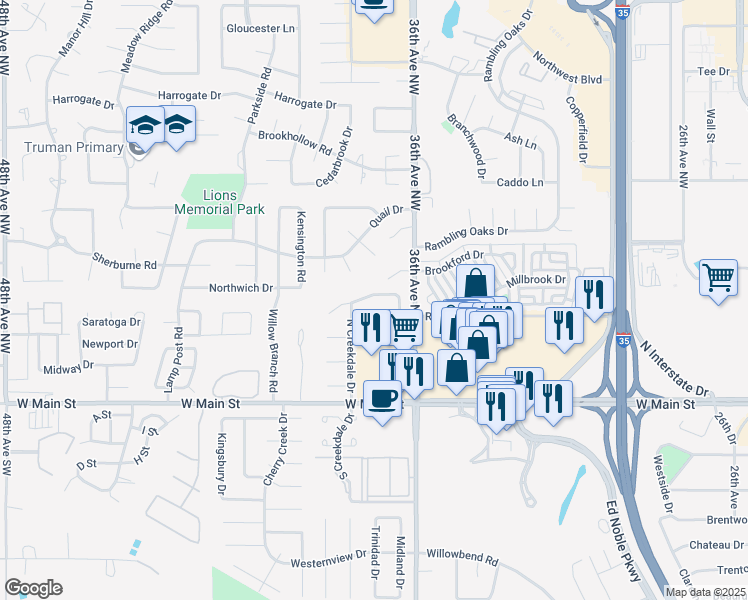 map of restaurants, bars, coffee shops, grocery stores, and more near 3738 Cedar Ridge Drive in Norman